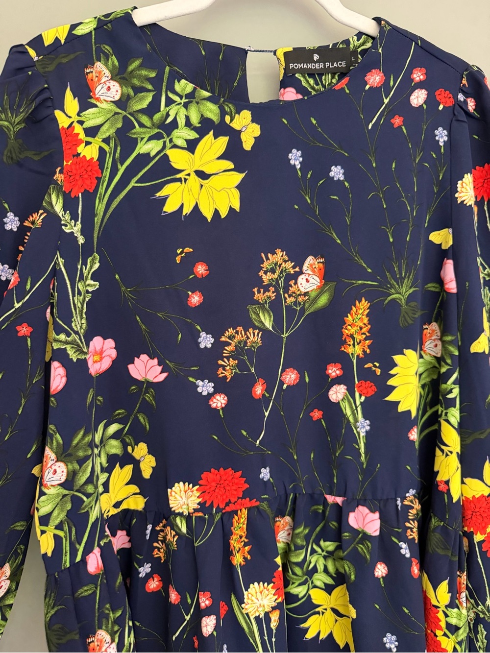 Pomander Place "Carlota" Navy Blue Wildflowers Long Sleeve Peplum Blouse - Picture 5 of 14